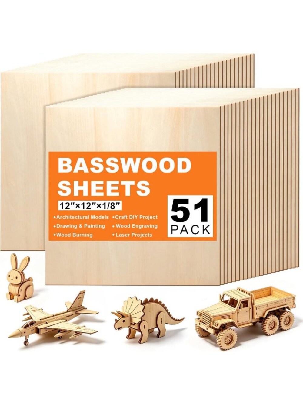 51 Pack 12x12 Inch 3mm Basswood Sheets 1/8 Laser Engraving Blanks
